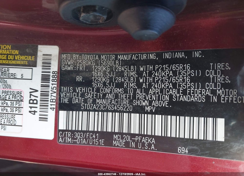 2006 TOYOTA SIENNA LE VIN: 5TDZA23C76S456220