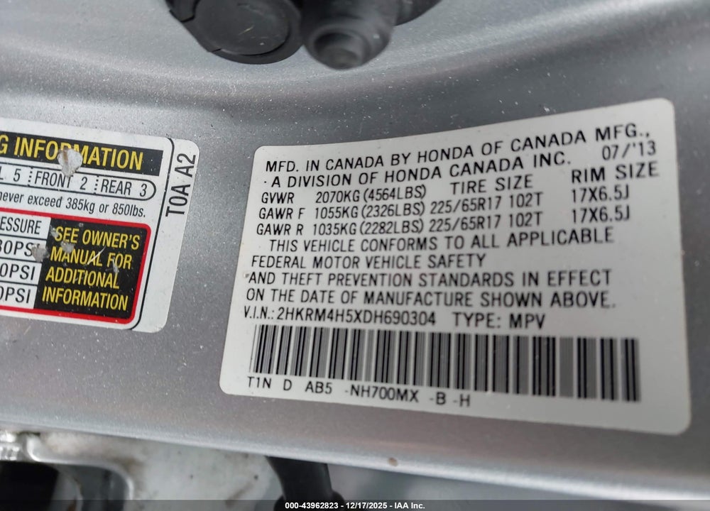 2013 HONDA CR-V EX VIN: 2HKRM4H5XDH690304