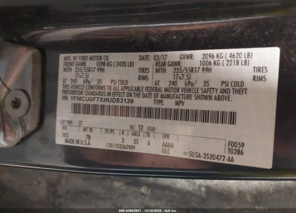 2017 FORD ESCAPE S VIN: 1FMCU0F7XHUD53139