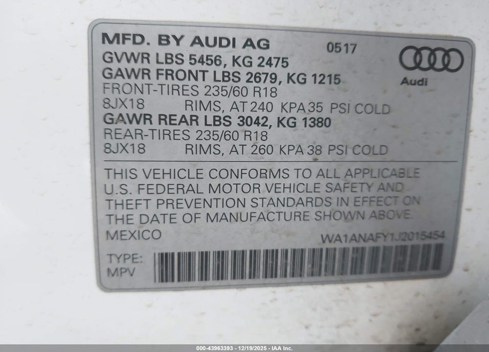 2018 AUDI Q5 2.0T PREMIUM VIN: WA1ANAFY1J2015454