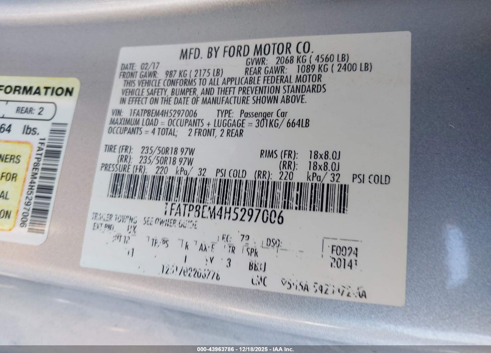2017 FORD MUSTANG V6 VIN: 1FATP8EM4H5297006