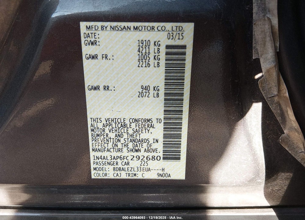 2015 NISSAN ALTIMA 2.5 S VIN: 1N4AL3AP6FC292680