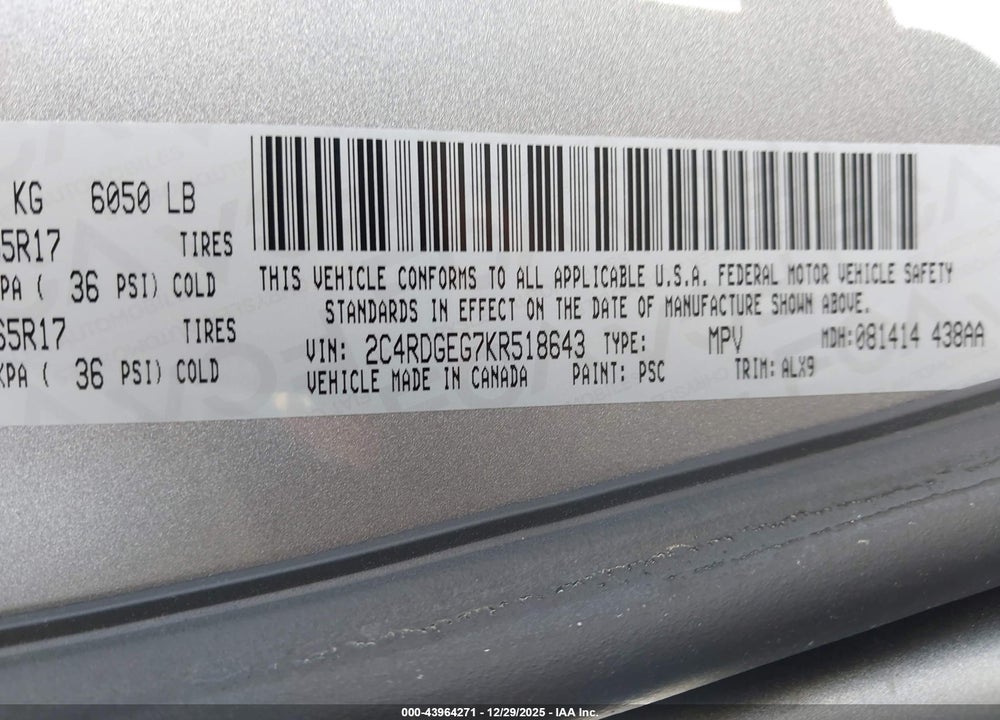 2019 DODGE GRAND CARAVAN GT VIN: 2C4RDGEG7KR518643
