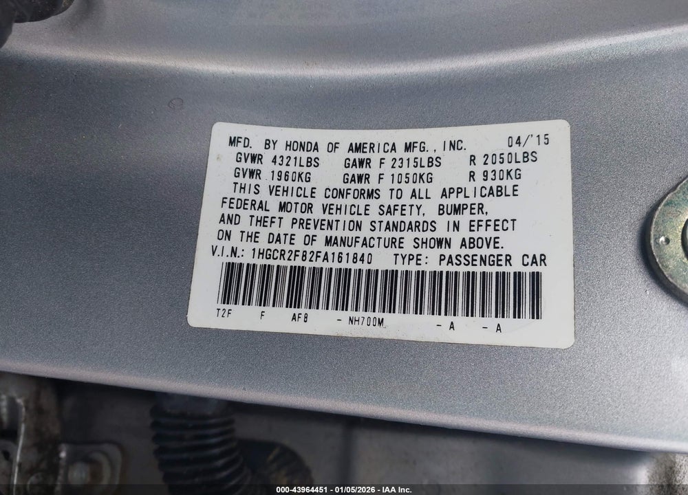 2015 HONDA ACCORD EX-L VIN: 1HGCR2F82FA161840