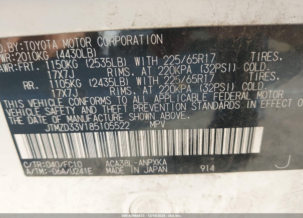2008 TOYOTA RAV4 VIN: JTMZD33V185105522