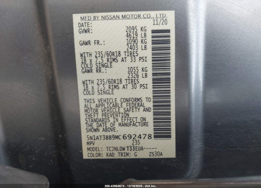 2021 NISSAN ROGUE SV INTELLIGENT AWD VIN: 5N1AT3BB9MC692478