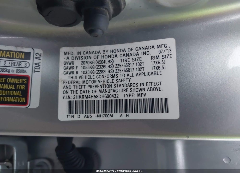 2013 HONDA CR-V EX VIN: 2HKRM4H58DH690432