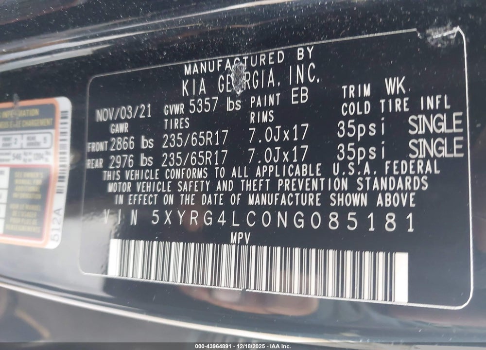 2022 KIA SORENTO LX VIN: 5XYRG4LC0NG085181