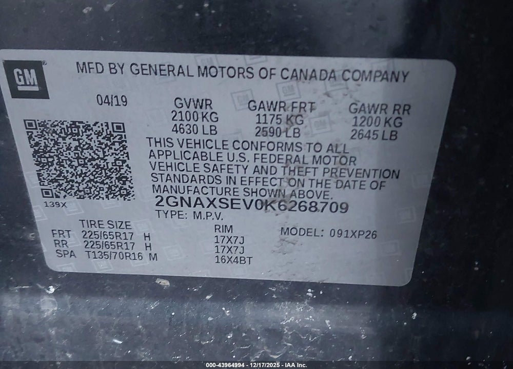 2019 CHEVROLET EQUINOX LS VIN: 2GNAXSEV0K6268709