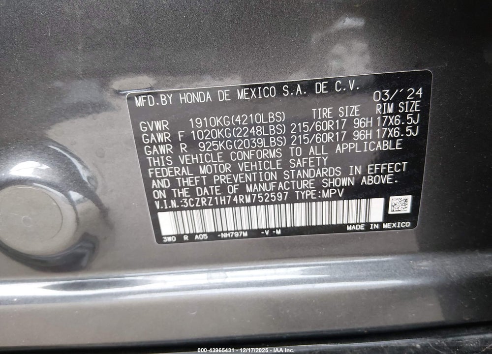 2024 HONDA HR-V 2WD EX-L/2WD EX-L W/O BSI VIN: 3CZRZ1H74RM752597