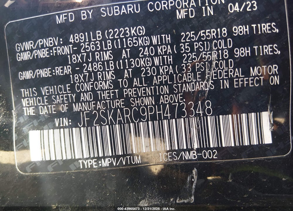 2023 SUBARU FORESTER TOURING VIN: JF2SKARC9PH473348