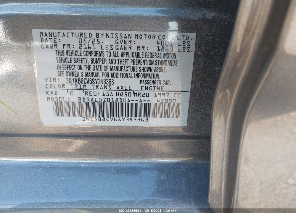 2025 NISSAN SENTRA SV VIN: 3N1AB8CV6SY343363