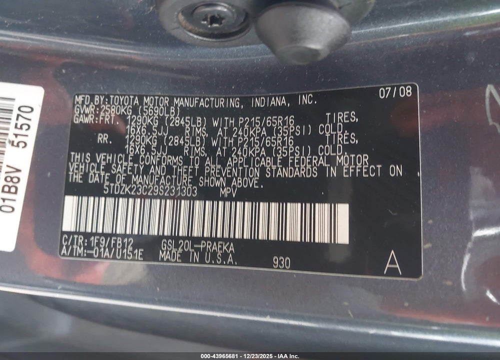 2009 TOYOTA SIENNA CE VIN: 5TDZK23C29S231303