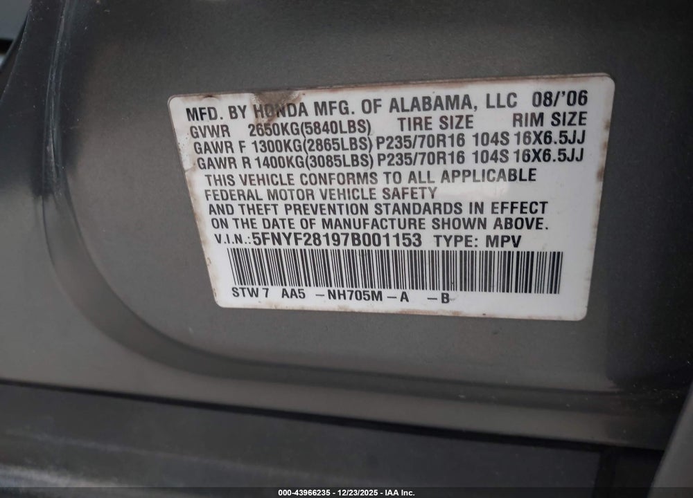 2007 HONDA PILOT LX VIN: 5FNYF28197B001153