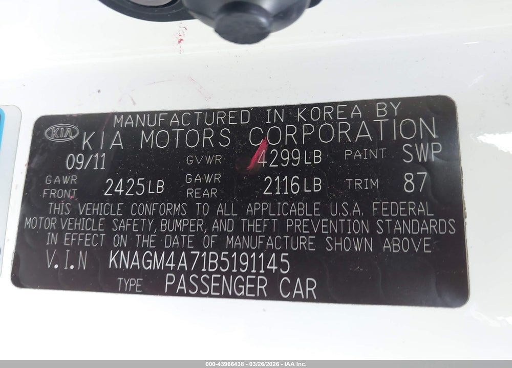 2011 KIA OPTIMA LX VIN: KNAGM4A71B5191145