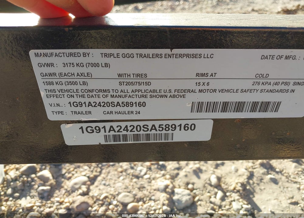 2025 TRIPLE G TRAILER VIN: 1G91A2420SA589160