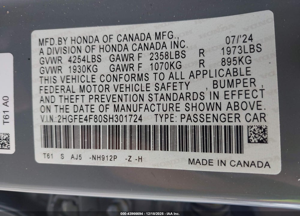 2025 HONDA CIVIC HYBRID SPORT/SPORT TOURING VIN: 2HGFE4F80SH301724