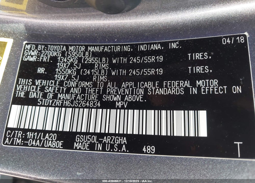 2018 TOYOTA HIGHLANDER LIMITED PLATINUM VIN: 5TDYZRFH6JS264834