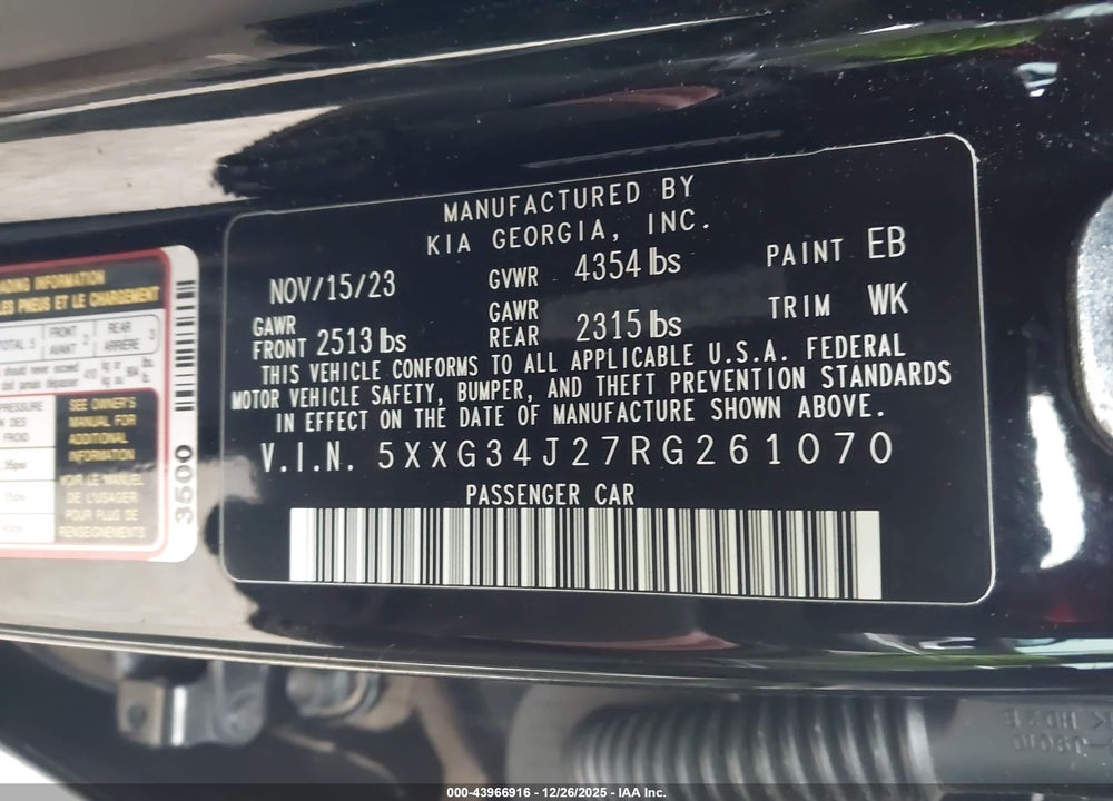 2024 KIA K5 EX VIN: 5XXG34J27RG261070