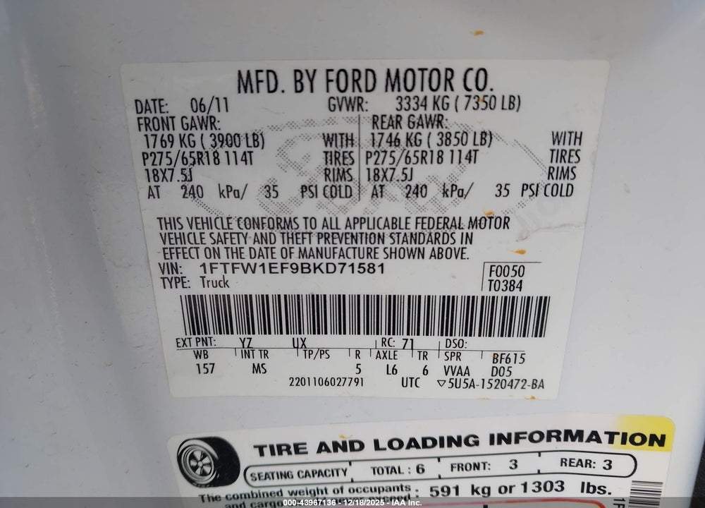 2011 FORD F-150 XLT VIN: 1FTFW1EF9BKD71581