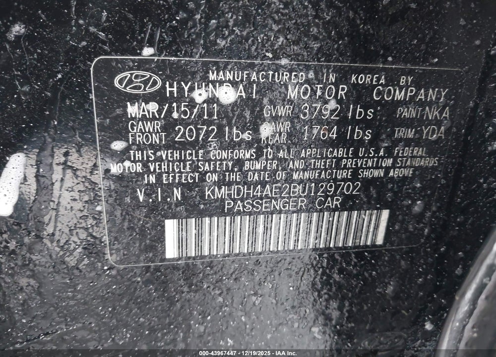 2011 HYUNDAI ELANTRA GLS (ULSAN PLANT) VIN: KMHDH4AE2BU129702
