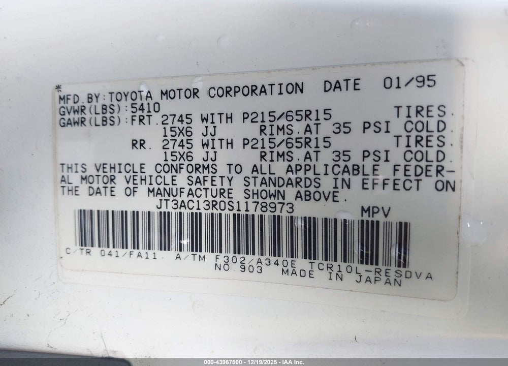 1995 TOYOTA PREVIA DX VIN: JT3AC13R0S1178973