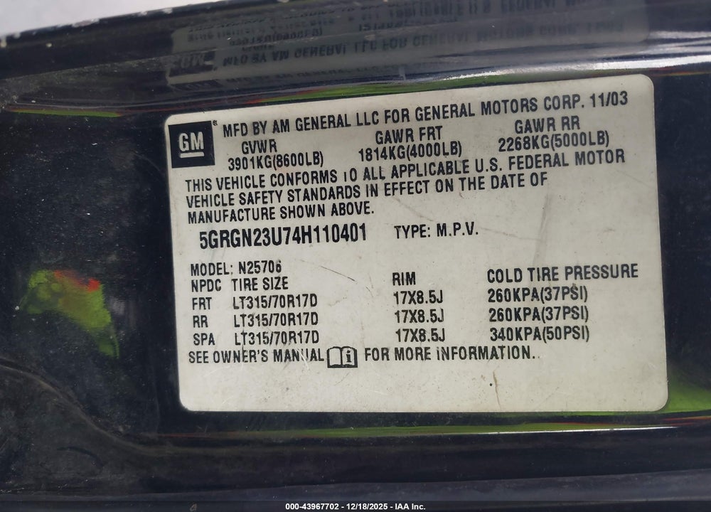 2004 HUMMER H2 VIN: 5GRGN23U74H110401