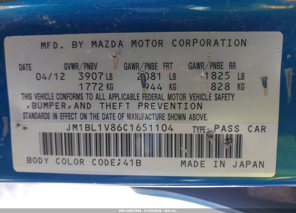2012 MAZDA 3 I TOURING VIN: JM1BL1V86C1651104