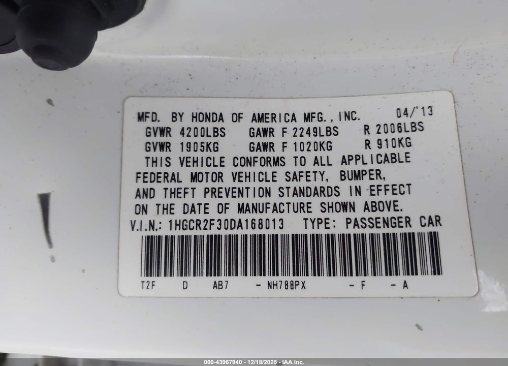 2013 HONDA ACCORD LX VIN: 1HGCR2F30DA168013