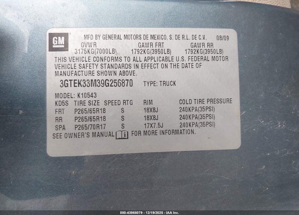2009 GMC SIERRA 1500 SLT VIN: 3GTEK33M39G256870