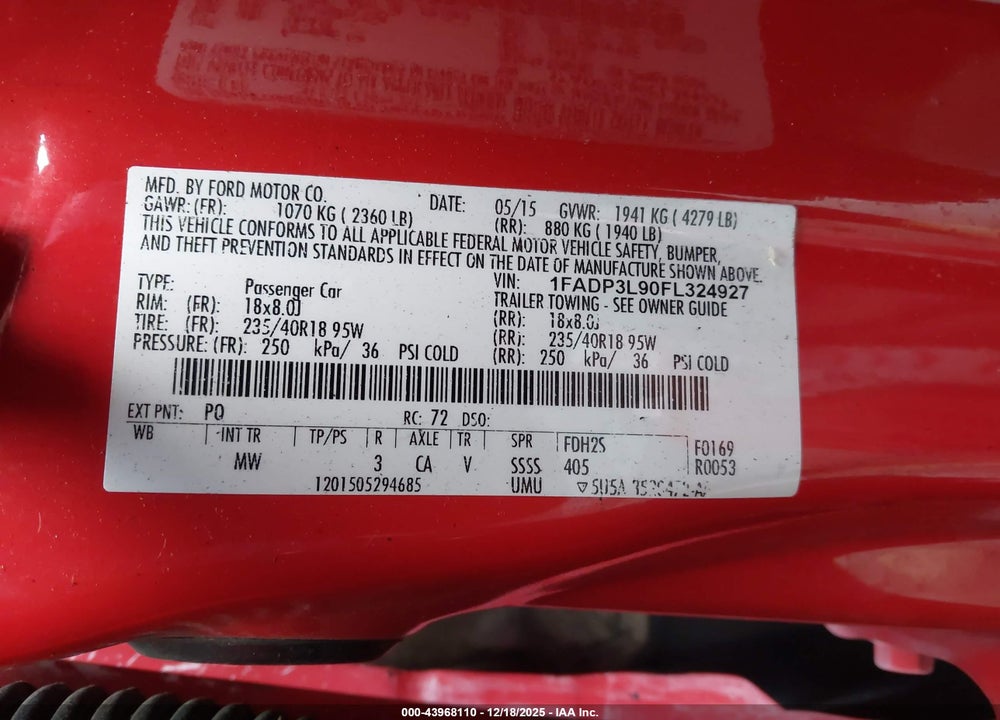 2015 FORD FOCUS ST VIN: 1FADP3L90FL324927