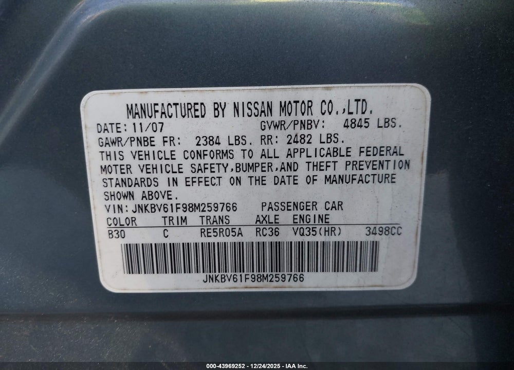 2008 INFINITI G35X VIN: JNKBV61F98M259766