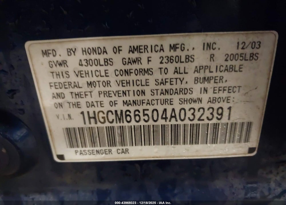 2004 HONDA ACCORD 3.0 EX VIN: 1HGCM66504A032391