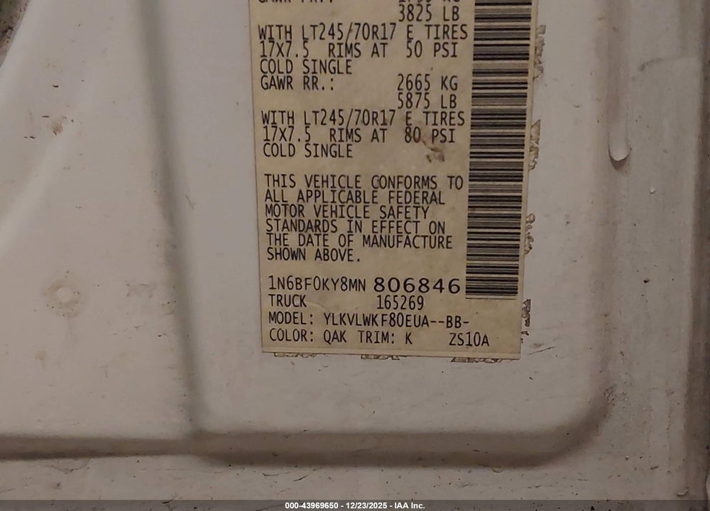 2021 NISSAN NV CARGO NV2500 HD S STANDARD ROOF V6 VIN: 1N6BF0KY8MN806846