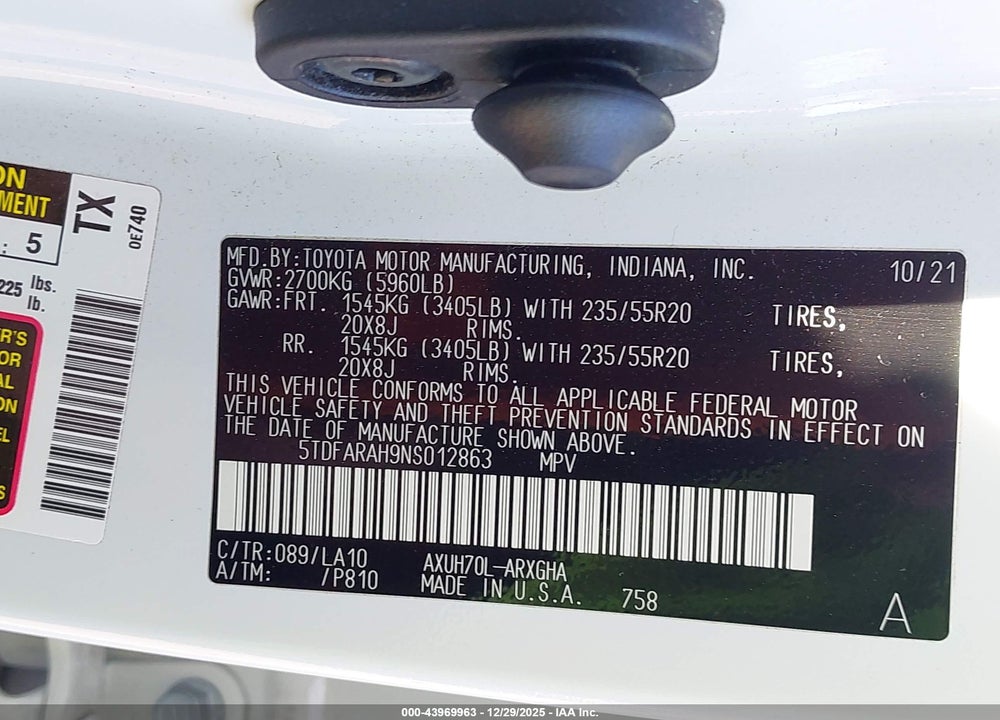 2022 TOYOTA HIGHLANDER HYBRID PLATINUM VIN: 5TDFARAH9NS012863