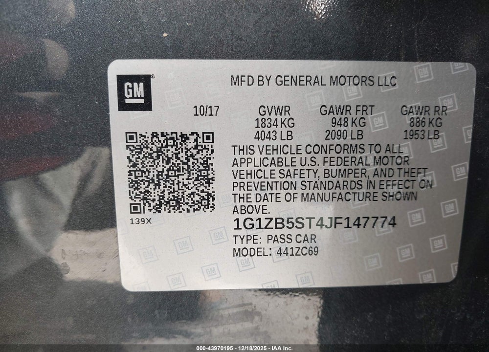 2018 CHEVROLET MALIBU 1LS VIN: 1G1ZB5ST4JF147774