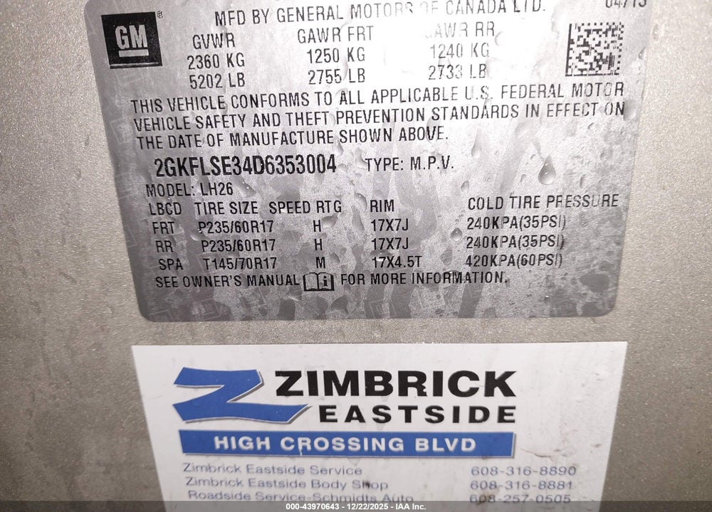 2013 GMC TERRAIN SLE-2 VIN: 2GKFLSE34D6353004