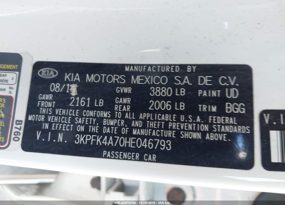 2017 KIA FORTE LX VIN: 3KPFK4A70HE046793