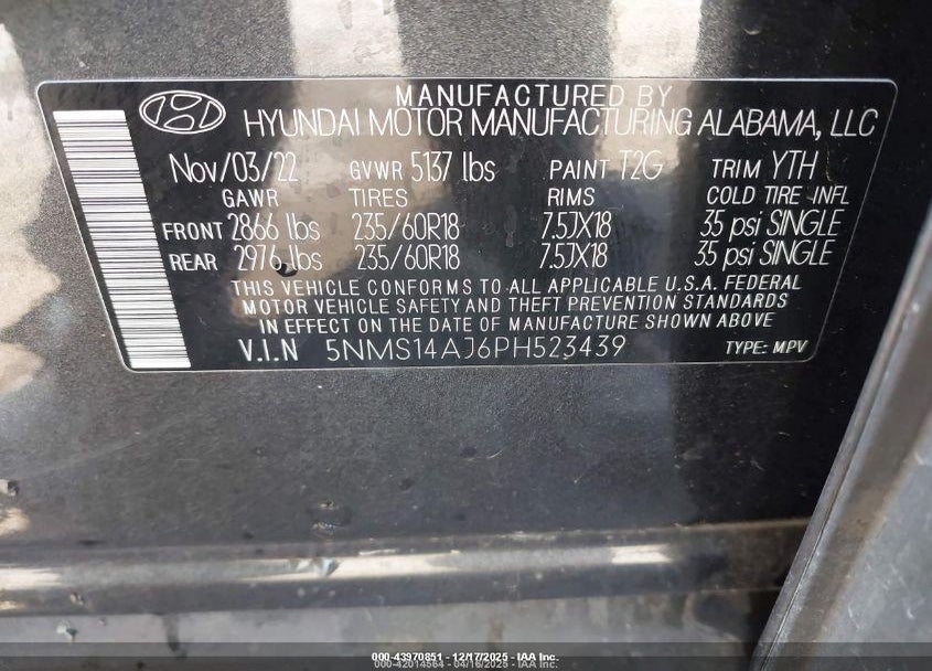 2023 HYUNDAI SANTA FE SE VIN: 5NMS14AJ6PH523439