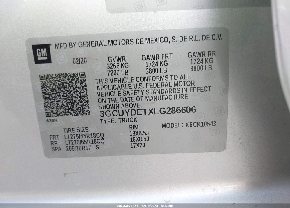 2020 CHEVROLET SILVERADO 1500 4WD  SHORT BED LT VIN: 3GCUYDETXLG286606
