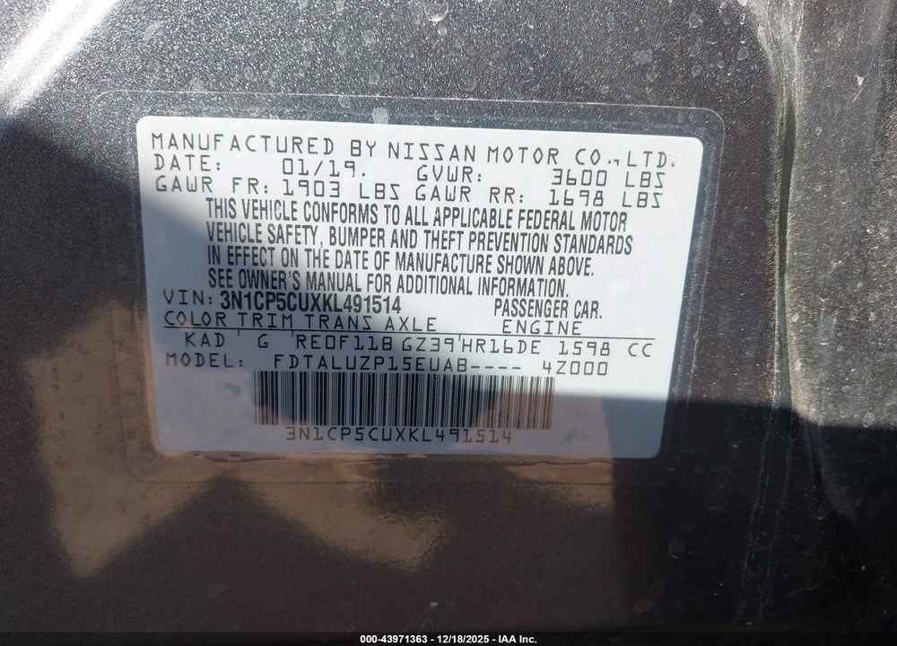 2019 NISSAN KICKS VIN: 3N1CP5CUXKL491514