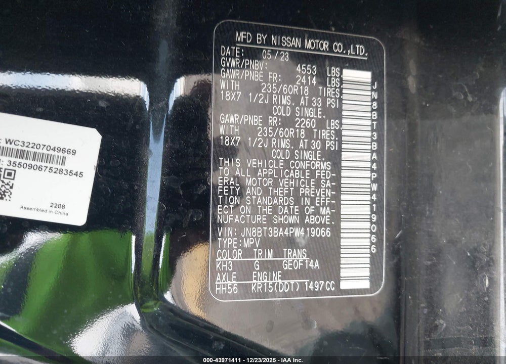 2023 NISSAN ROGUE SV FWD VIN: JN8BT3BA4PW419066