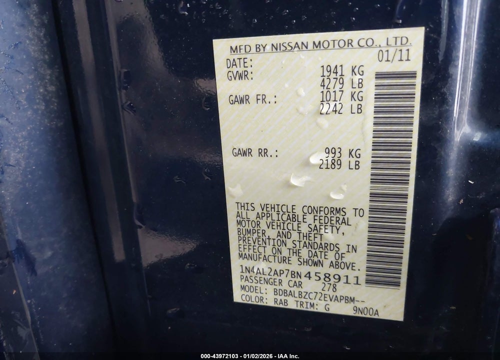 2011 NISSAN ALTIMA 2.5 S VIN: 1N4AL2AP7BN458911