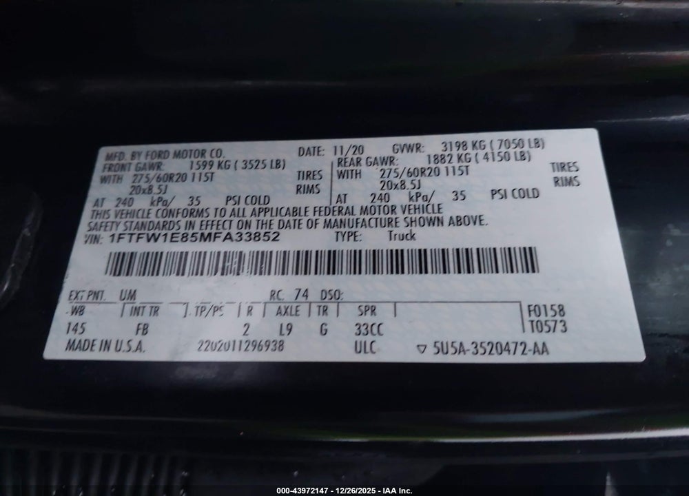 2021 FORD F-150 XLT VIN: 1FTFW1E85MFA33852