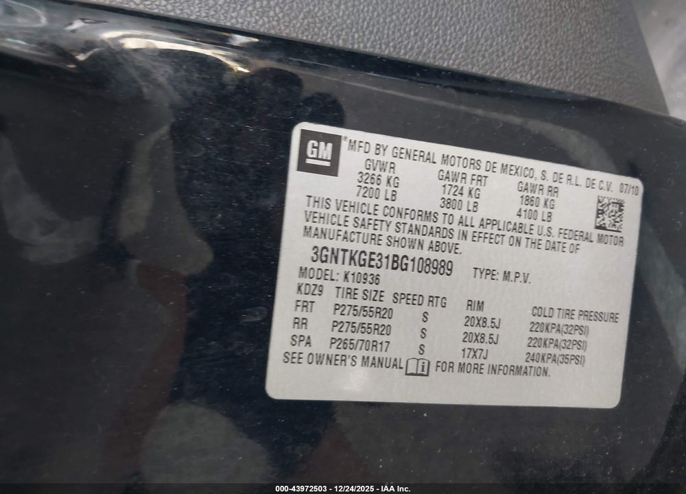 2011 CHEVROLET AVALANCHE 1500 LTZ VIN: 3GNTKGE31BG108989