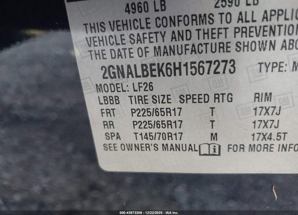 2017 CHEVROLET EQUINOX LS VIN: 2GNALBEK6H1567273