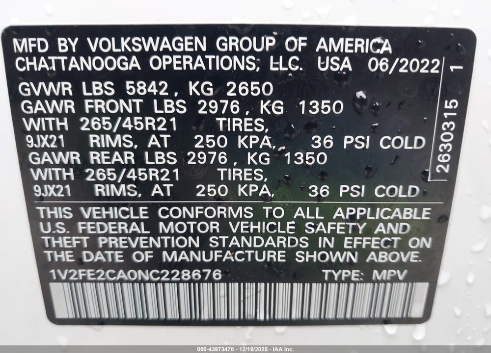 2022 VOLKSWAGEN ATLAS CROSS SPORT 3.6L V6 SEL PREMIUM R-LINE VIN: 1V2FE2CA0NC228676