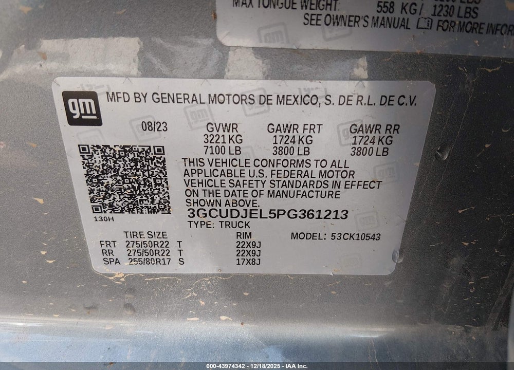 2023 CHEVROLET SILVERADO 1500 4WD  SHORT BED HIGH COUNTRY VIN: 3GCUDJEL5PG361213