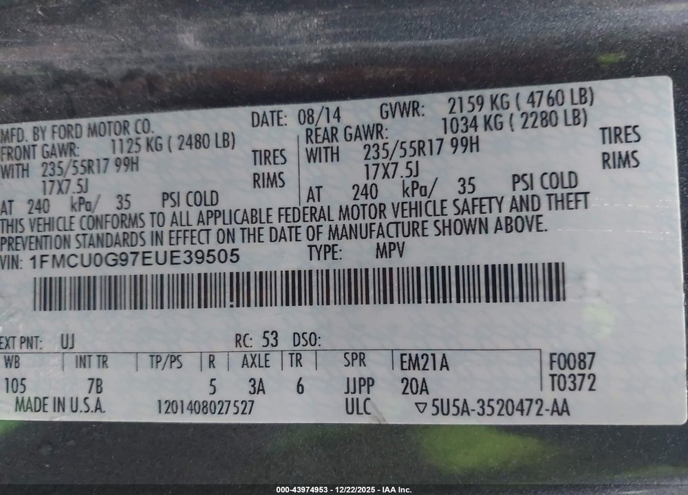 2014 FORD ESCAPE SE VIN: 1FMCU0G97EUE39505