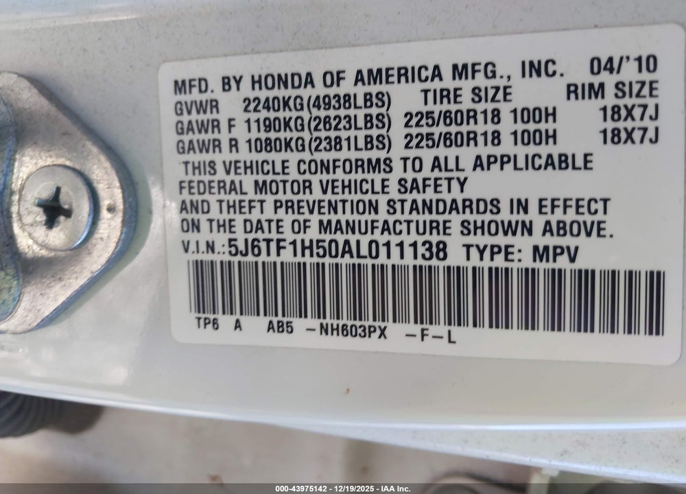 2010 HONDA ACCORD CROSSTOUR EX-L VIN: 5J6TF1H50AL011138